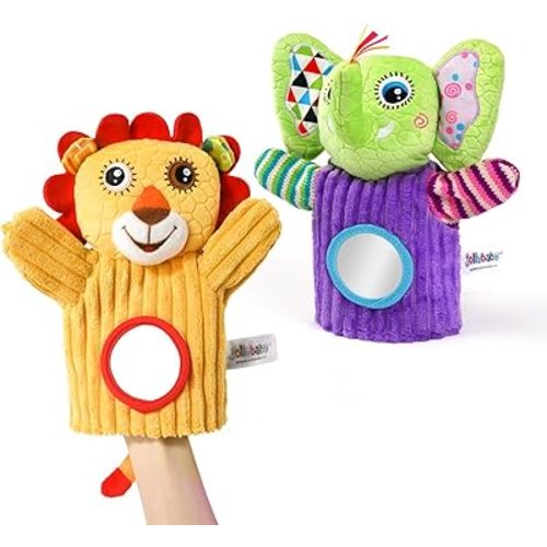 Jollybaby Hand Puppets Baby Toy 0-6-12 Months, Plush Stuffed Animal Hand Puppets Toys for Kids，Sensory Doll with Rattle and Mirror for Toddler，Social Emotional Play Therapy Toys for Boy Girl Gift