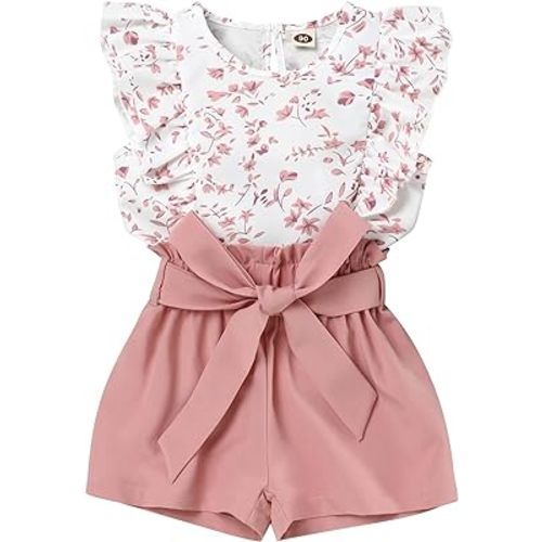 oklady Toddler Girl Clothes Ruffle Floral Embroidery Shirt and Shorts Set