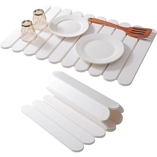 24"×16" White Stone Dish Drying Mats for Kitchen Counter, Large Quick Dry Collapsible Eco-Friendly Super Absorbent Diatomaceous Earth Heat-resistant Mat for Dishes Bottles Cups, Match Any Countertop