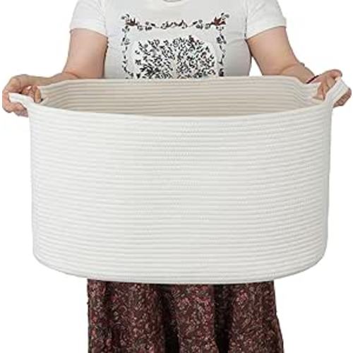 Large Rectangle Blankets Basket Living Room 22"x17"x12" Woven Cotton Rope Storage Basket for Nursery Toy Basket for Kids and Dogs Wicker Laundry Basket Bin for Clothes Towels white