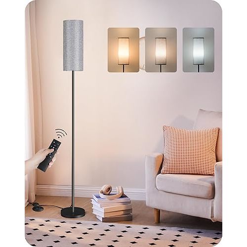 Dimmable Gray Floor Lamp for Living Room with Remote and Foot Switch, Corner Floor Lamp for Bedroom, Modern Standing Tall Lamp, 10W 900LM Bulb Included, 3000K-6500K, Linen Shade, FCC Listed H06LD05W1