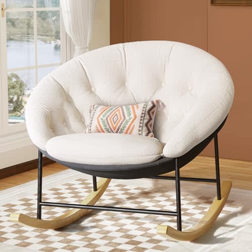 Kidirect Round Saucer Rocking Chair Nursery, Modern Upholstered Nursery Rocking Chairs and nursery Glider with Cozy Cushion, Comfy Nursing Chair for Breastfeeding & Reading, Fits Living Room & Bedroom