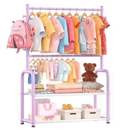 Kids Clothes Rack with 2 Tier Storage Racks and 2 Adjustable Hanging Poles, Small Baby Closet Organizer for Hanging Clothes, Kids Dress-Up Rack (Classic, Purple)