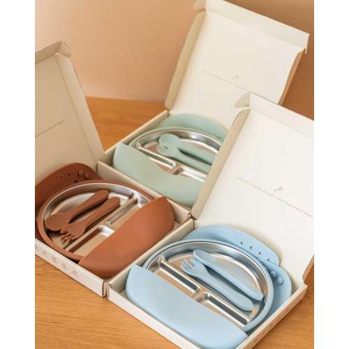 Baby Feeding Essential Set Mocha Brown, Stainless Steel Suction Plate, Chocolate Brown Weaning Kit for 6–18 Months, Baby Birthday Gift