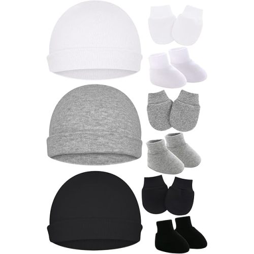 Cotton Baby Hats Mittens and Socks Set Unisex, Toddler No Scratch Mittens and Beanie Cap Infant Newborn Hospital Hat