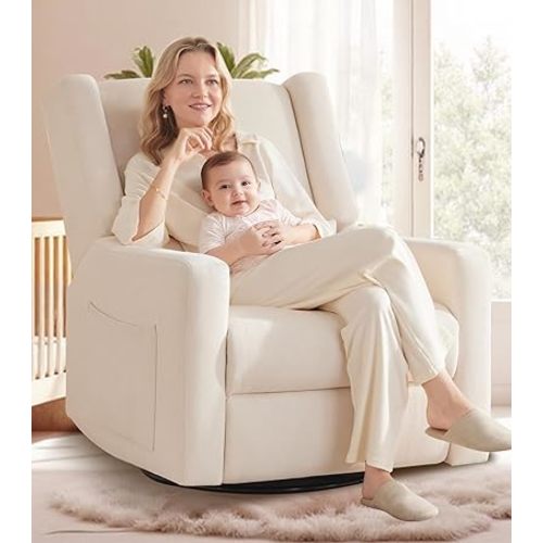 Tbfit 360° Swivel Recliner Chair, Nursery Rocking Chair with Lumbar Support & Footrest for Bedroom, Comfy Upholstered Armchair with Pillows & Storage Bag for Living Room, Beige