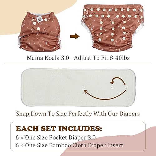 Mama Koala 3.0 Cloth Diapers for Babies with AWJ Lining, 6 Pack with 6 5-Layer Natural Cloth Diaper Inserts - Reusable and Washable Pocket Diapers(A-Classic & Timeless)