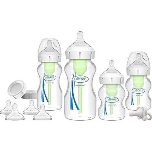 Dr. Brown's Natural Flow® Anti-Colic Options+™ Wide-Neck Bottle Essentials Gift Set with Breast-Like Nipple,100% Silicone HappyPaci™ Pacifier and Baby Bottle Travel Caps