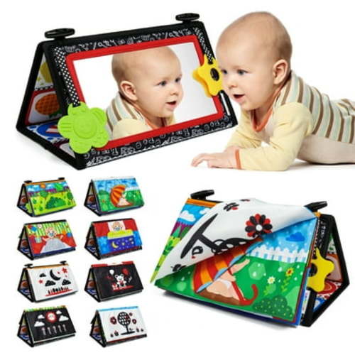 Dr.Rapeti Tummy Time Floor Mirror for Baby Infant Toddler Kids Black and White High Contrast baby toy with Crinkle Cloth Book Teethers Floor Activity Toy Washable Non-Toxic