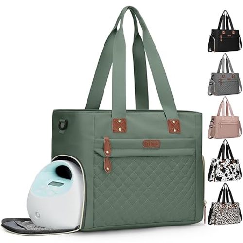 Pritent Pump Bag Tote for Working Mom, Large Travel Diaper Tote for Mom and Dad with 14 Inch Laptop Sleeve, Mommy Maternity Travel Baby Bag for Boys and Girls, Green