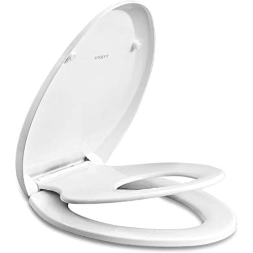 WSSROGY Elongated Toilet Seat with Built in Potty Training Seat, Magnetic Kids Seat and Cover, Slow Close, Fits both Adult and Child, Plastic, White