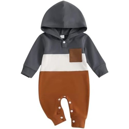 BemeyourBBs Newborn Baby Boy Clothes Color Block Long Sleeve Hooded Romper with Pocket Fall Winter One Piece Outfits