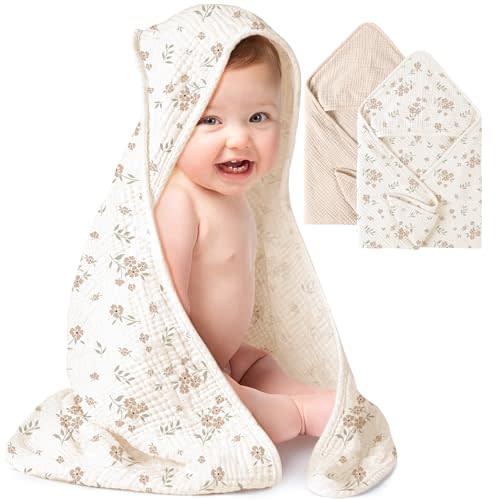 Konssy 2 Pack Muslin Hooded Baby Towels for Newborn Soft 100% Cotton Baby Bath Towel with Hood for Baby, Infant Ultra Absorbent, Baby Stuff Baby Bath Shower Gifts (Cream, Blossom,30" x 30")