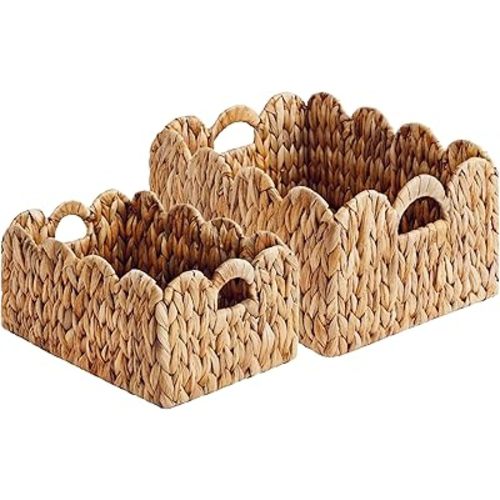 Set of 2 Scalloped Edge Wicker Storage Basket with Built-in Handles, Rectangle Water Hyacinth Basket for Organizing, Decorative Woven Rattan Baskets