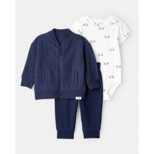 Baby Boy 3-Piece Bicycle Quilted Jacket Outfit Set - Navy - 6 mths
