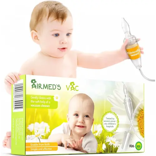 Airmed's Vac Nasal Aspirator Baby. CLINICALLY TESTED, SAFE and GENTLE. Baby nose sucker with 2 suction heads and cleaning brush. Safe and gentle baby nasal aspirator with strength of a vacuum cleaner