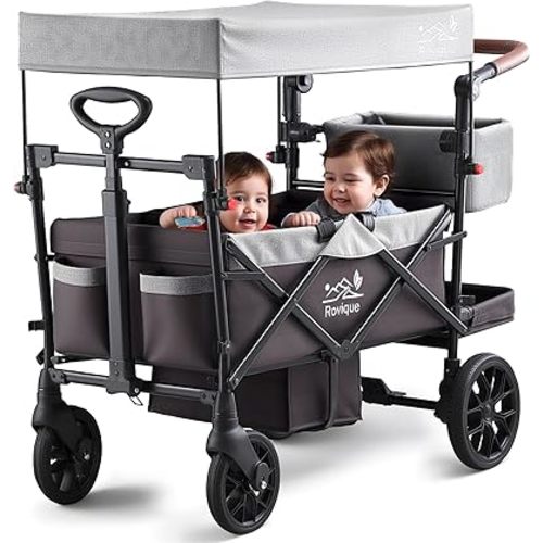 Wagon Stroller for 2 Kids, Premium Stroller Wagon for Kids with Removable Canopy, Safety Harness, Adjustable Handlebar & Storage Organizer, All-Terrain Foldable Baby Wagon for Outdoors