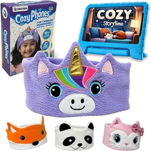 CozyPhones Toddler Headphones Wireless, Kids Bluetooth Headband, Safe Volume Limiting - Wired School Headphones for Kids with Carry Bag - Toddler Airplane Travel Essentials for Boys & Girls - Unicorn