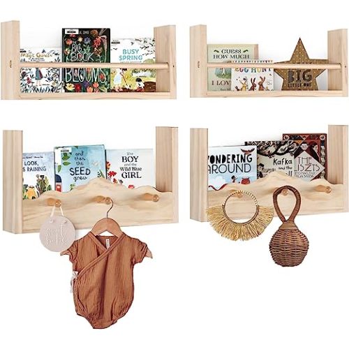 comax Nursery Floating Book Shelves - Set of 4 - Natural Wood