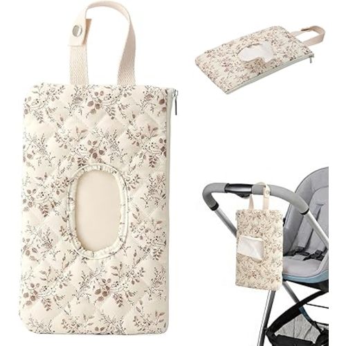 Baby Wipe Holder, Floral Quilted Dispenser Pouch Portable Mommy Bag for Travel Stroller Daily Casual (Beige)