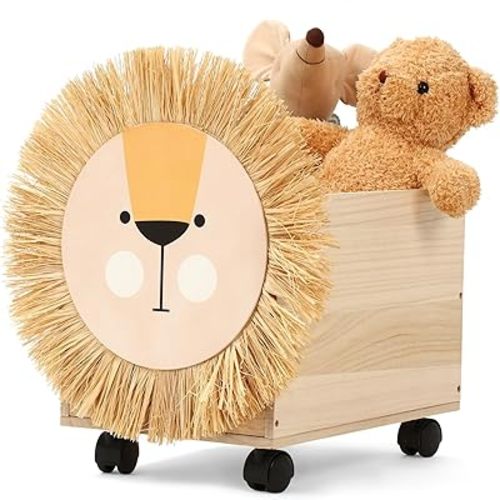 Kids Toy Box Storage Wooden Toy Chest Toy Organizers for Boys Girls Toy Box with Wheels 16x 10 x 10 Inch Lion Toy Storage Organizer Nursery Decor for Bedroom Living Room Easy Assembly
