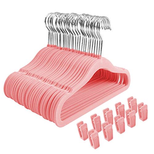 Finnhomy Non-Slip Clothes Hangers for Baby and Kids 30-Pack Velvet Hangers with 10 Finger Clips, Light Pink