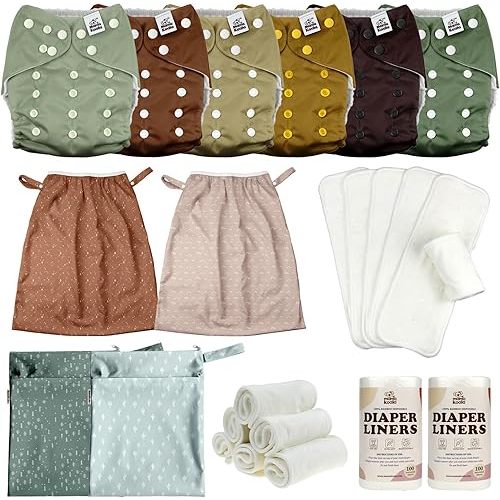 MK 3.0 Baby Cloth Diapers with 6 Inserts Bundle, with Bboo Liners, 5-Layer Bboo Inserts (6 Pack), Wet Bags and Pail Liners.