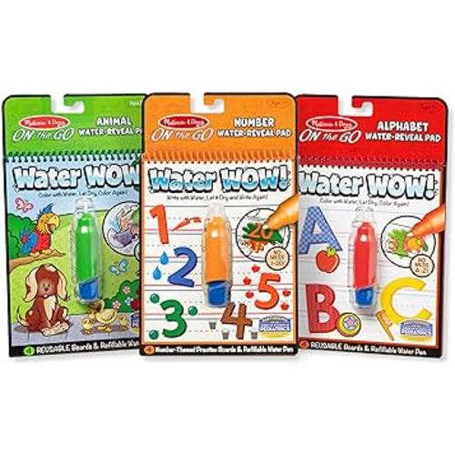 Melissa & Doug On the Go Water Wow! Water-Reveal Activity Pads, 3-pk, Animals, Alphabet, Numbers - 3-Pack Of Reusable No-Mess Travel Activities For Kids