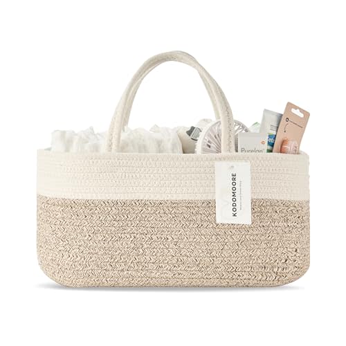 Kodomoore Diaper Caddy Organizer, Baby Storage Basket, Nursery Bin and Car Organizer for Diapers, Gift Basket for Baby Shower List or Newborn Essentials, Boys and Girls - White and Beige Brown