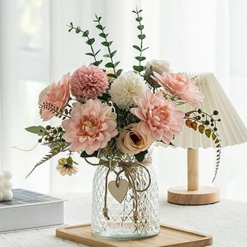 Fake Flowers with Vase,Faux Flowers in Vase for Home Decor,Silk Pink Dahlia Artificial Flowers with Vase for Coffee Table Decor,Living Room Bathroom Plant Decor, Centerpiece Table Decorations