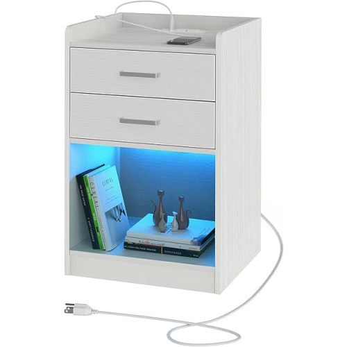 Nightstand with Charging Station and LED Lights, Modern End Side Table Bedside Table with 2 Drawers, Nightstand Storage Cabinet for Bedroom, White