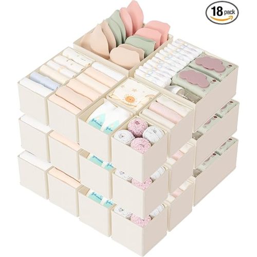 Drawer Organizer 18-Piece Set, Dresser Organizer for Baby Clothes, Foldable Closet Storage & Drawer Dividers for Underwear, Socks, Nursery (Beige)