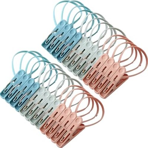 Clothespins 24 Pack Small Mini Clothes Pins with Plastic Rope for Clothesline Cute Sturdy Clothing Closepins Blue Green Pink Chip Decoration Clips Clothes Pins
