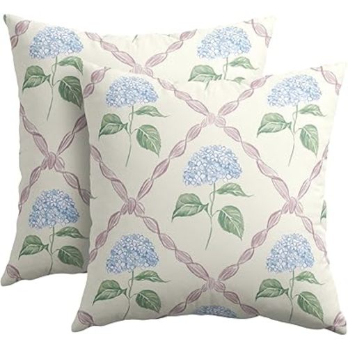 Kawani Hydrangea Pillow Covers 18x18 Inch Watercolor Blue and Pink Floral Outdoor Decorative Throw Pillows Set of 2 Rustic Elegant Flower Pillowcases Cushion Covers for Home Couch Decor