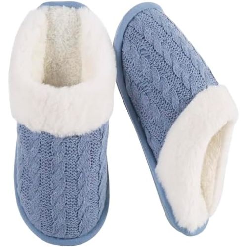 Winter Fuzzy Slippers for Women,Cozy Memory Foam House Shoes Soft Cable Knit Non-Slip Indoor Slippers