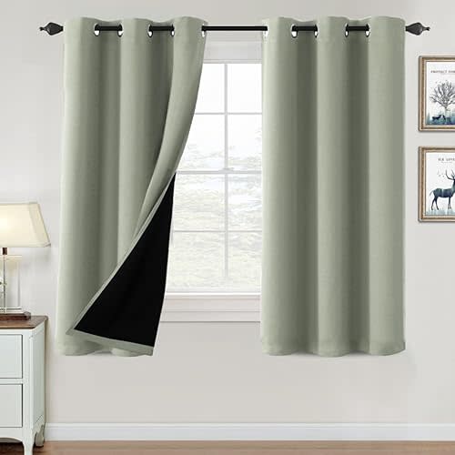 H.VERSAILTEX 100% Blackout Curtains for Bedroom Thermal Insulated Blackout Curtains 63 inch Length Heat and Full Light Blocking Curtains for Living Room with Black Liner 2 Panels Set, Light Sage