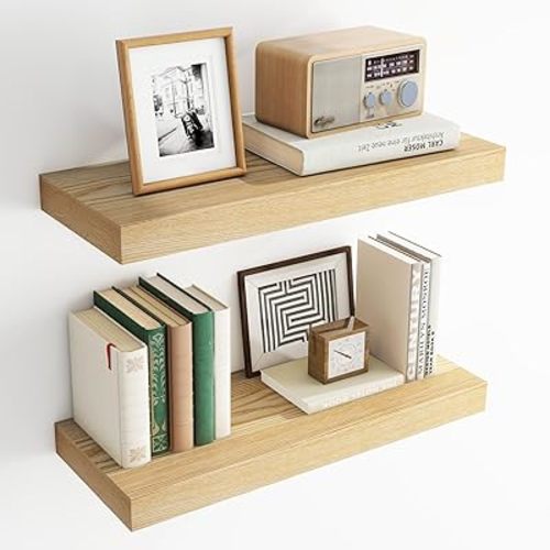 Floating Shelves for Wall | 9.3 Inch Deep Rustic Floating Shelves with Solid Ash Wood Veneer Set of 2 | 24 Inch Floating Shelves with Upgraded Brackets | for Living Room Bathroom Home Office