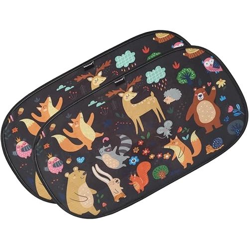 Car Window Shade-(2 Pack)-XL-25" x 16"-Colorful Cartoon Animal Designs, Cling Car Sun Shade for Windows - Sun, Glare and UV Rays Protection for Your Child - Baby Car Shades for Side Window by Enovoe