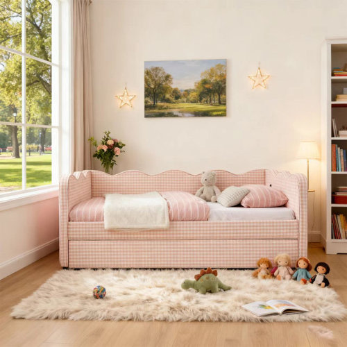 Mercer41 Daybed With Trundle, Twin Size Sofa Bed, No Box Spring Needed, USB Port, Adorable Wave Shaped, Linen Fabric | Wayfair