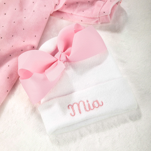 Personalized Pink Bow Baby Girl Soft Hospital Knit Hat with Embroidered Name Cute Head Accessory Baby Shower Gift for Newborn - CALLIE