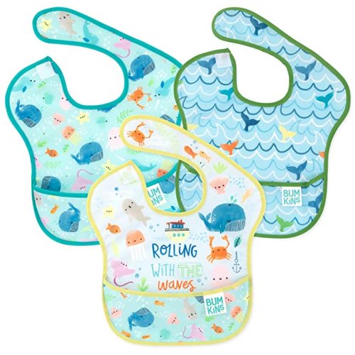Bumkins SuperBib, Baby Bib, Waterproof, Washable Fabric, Fits Babies and Toddlers 6-24 Months - Rolling Waves (3-Pack)