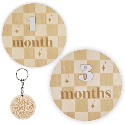 Monthly Baby Milestone Signs - Baby Monthly Milestone Wooden Circles for 1-12 Month Photos & Gender Neutral Announcement Cards (Caro)