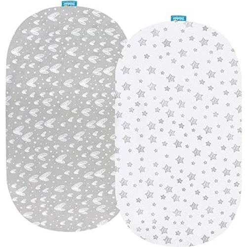 Bassinet Sheets Compatible with 4moms Mamaroo Sleep Bassinet, 2 Pack, 100% Jersey Knit Cotton Sheets, Breathable and Heavenly Soft, Grey Print for Baby