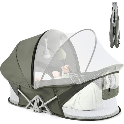 Bedside Bassinet for Baby, Portable Baby Bassinet Travel Bed with Mosquito Net & Sunshade, Lightweight Foldable Baby Crib with Easy-Clean Fabric for Home & Outdoor