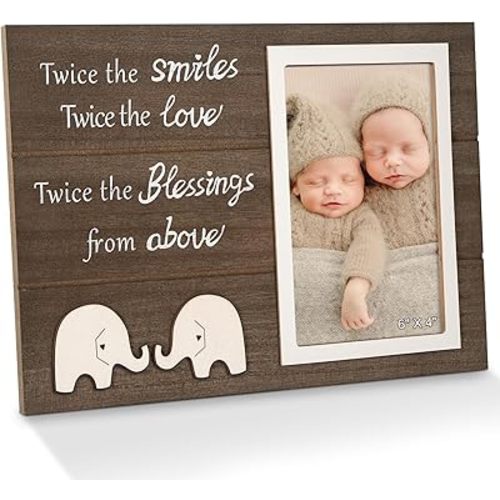 Twins Baby Picture Frame, Twin Pregnancy Announcement, Boy Girl Twins Wood Photo Frame, Twin Baby Keepsake Gifts for New Mom Dad, Unique Twins Baby Shower Gifts, Nursery Decor, 4x6 Photo (Brown)
