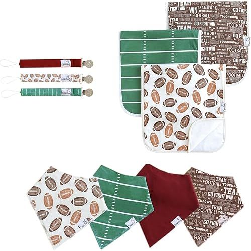 Copper Pearl Essentials Bundle | Baby Burp Cloth Large 21"x10" Premium Absorbent Triple Layer 3 Pack | Baby Bandana Drool Bibs for Drooling and Teething 4 Pack | Binky Clip 3 Pack | Blitz