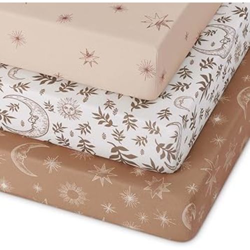 Pack and Play Sheets Fitted 3 Pack, Mini Crib Sheets for Pack N Play Mattress Stretchy Portable Playard Sheets, Soft Breathable White Brown Sun God