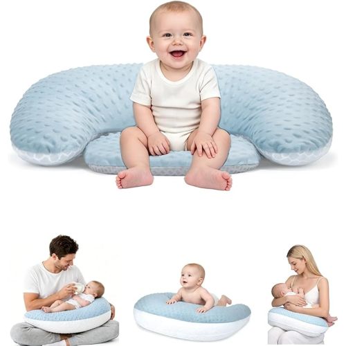 Multifunctional Nursing Pillow, Wider Breastfeeding Pillow with Minky Dot & Breathable Mesh, Anti-Slip Base for Tummy Time & Baby Sitting Support, Removable Soft Cover, Large Opening for Most Body