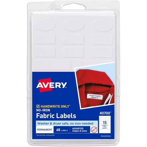 Avery No-Iron Fabric Labels, Assorted Shapes and Sizes, Washer and Dryer-Safe Waterproof Labels, Non-Printable, 45 Total (40700)
