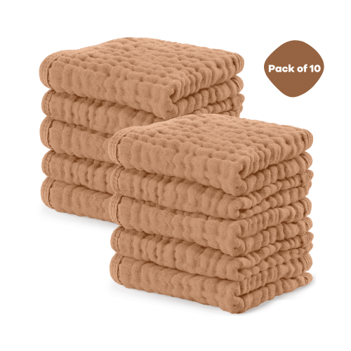 Comfy Cubs Baby Washcloths, Muslin Cotton Baby Towels, Large 10”x10” Wash Cloths (Caramel, Pack of 10)